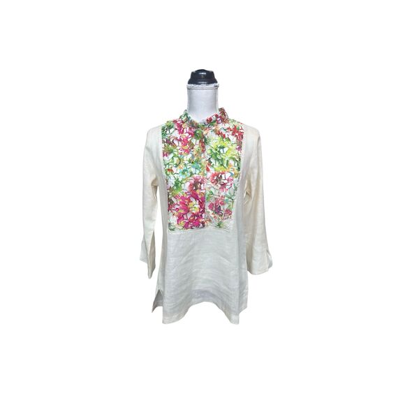 Boho Chic 100% Linen Floral Panel Tunic, Size S, Made in USA - Picture 7 of 15